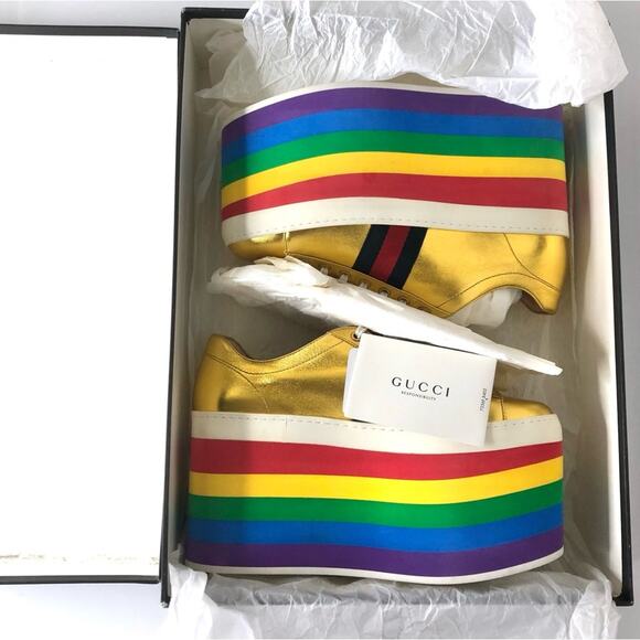 Gucci Peggy Rainbow Stripe Metallic Gold Platform Sneakers 39 - Picture 12 of 12
